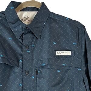 Realtree Fishing Shirt Mens Small Blue Geo Fish Print Performance Outdoor